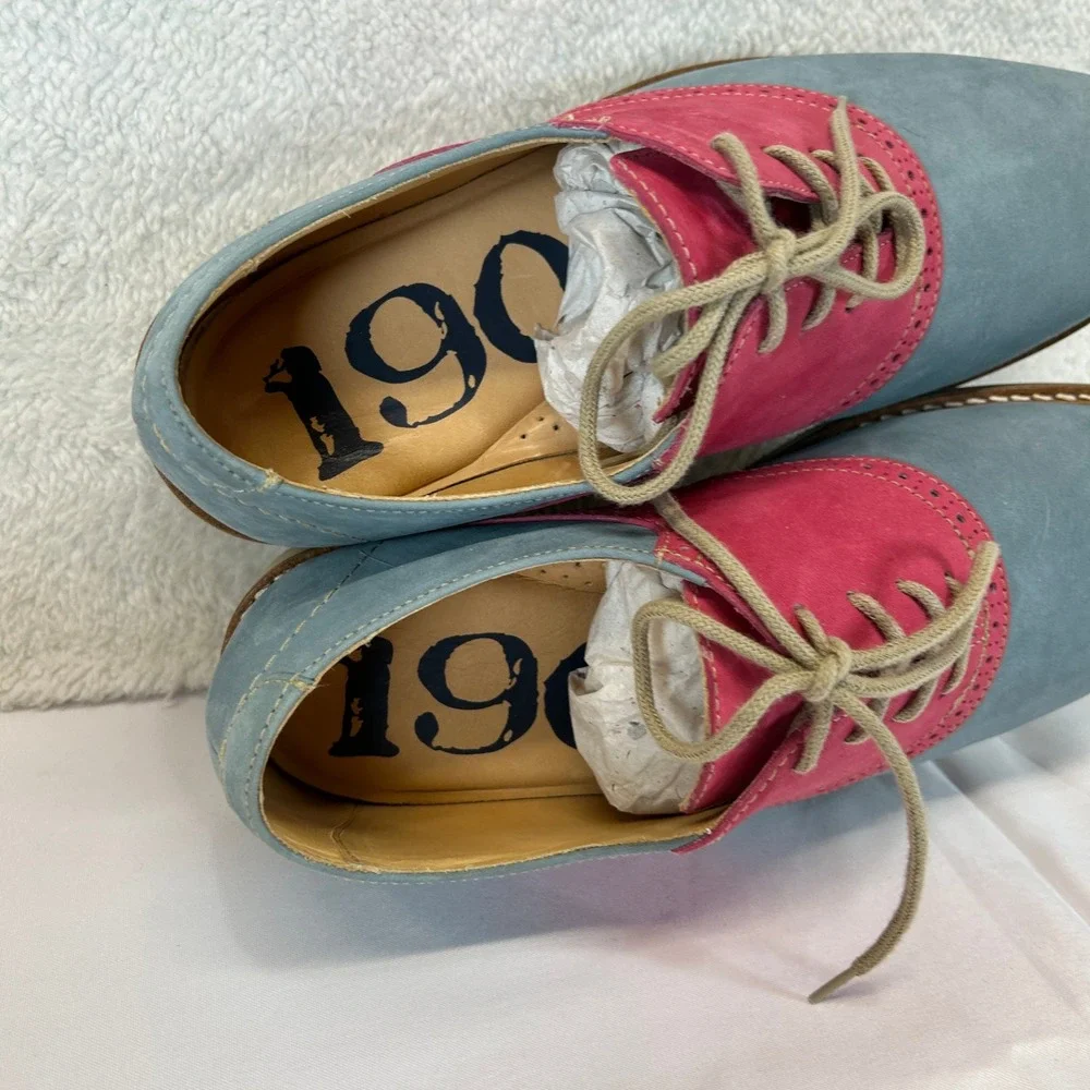 1901 Mens Blue Pink Leather Suede Saddle Oxford Brogue Shoes M23109 Size 9.5M
